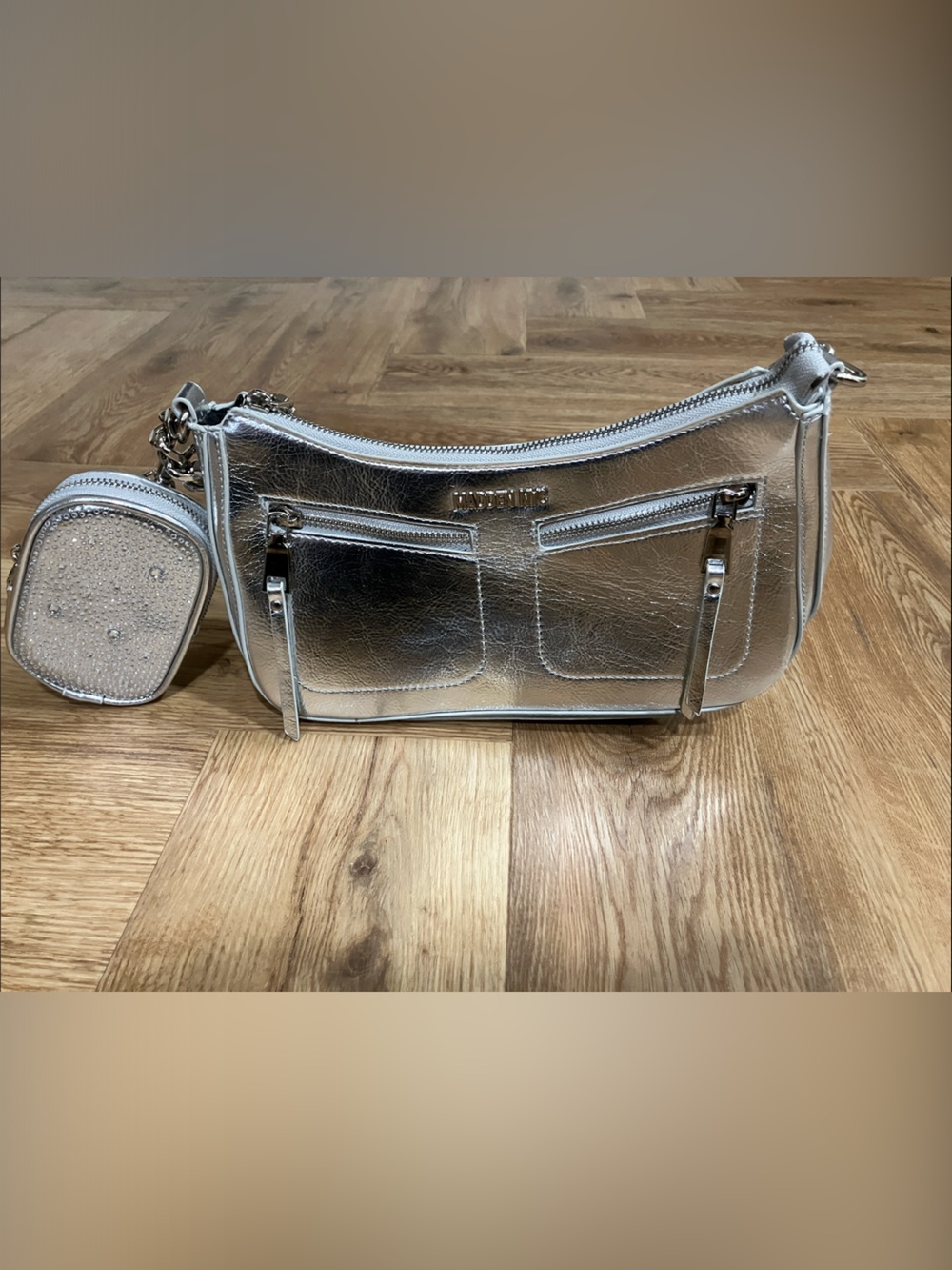 Metallic Silver Shoulder Bag with Matching Coin Pouch